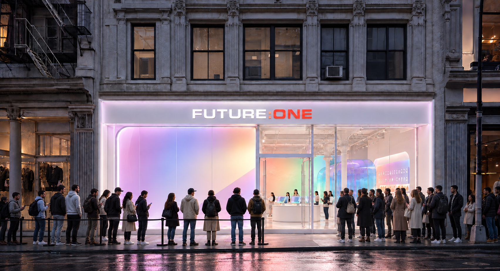 FUTURE:ONE New York storefront with guests lined up outside